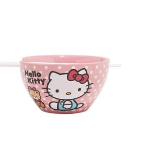 Hello Kitty Pink Polka Dot‎ Ceramic Chopstick Bowl Set 20 oz